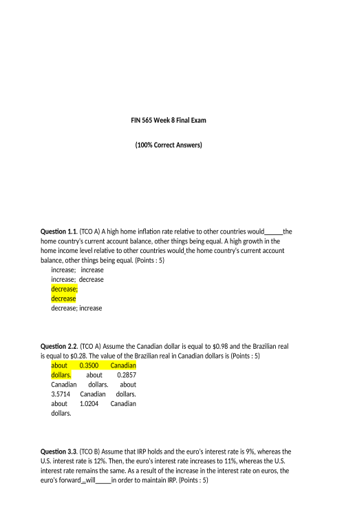 FIN 565 Week 8 Final Exam - 100% Correct Answers